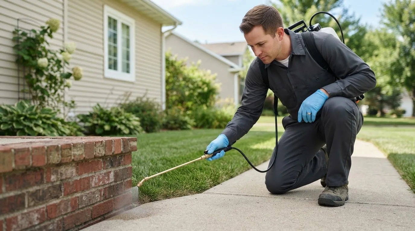 Pest control technician treating a home near Hemlock, MI