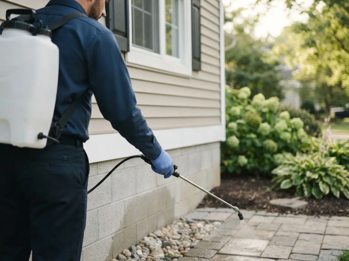 Pest control technician inspecting a home in Hemlock, MI